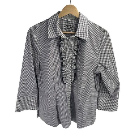 Foxcroft Wrinkle Free checkered Fitted Plaid Button Down Ruffle Blouse Size 10 - Picture 3 of 11